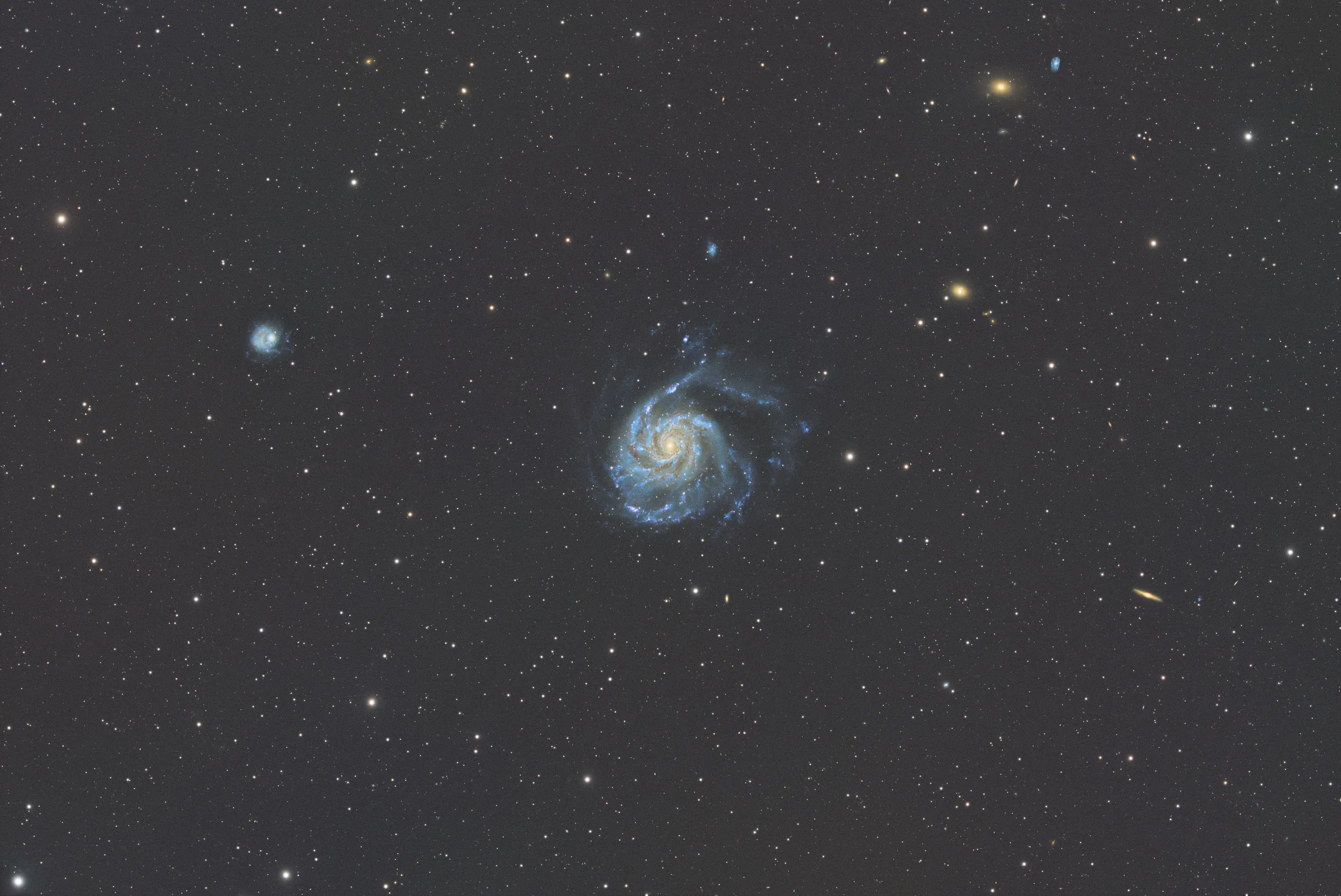 The Pinwheel Galaxy, a face-on spiral with blue star-forming arms and pink HII regions.